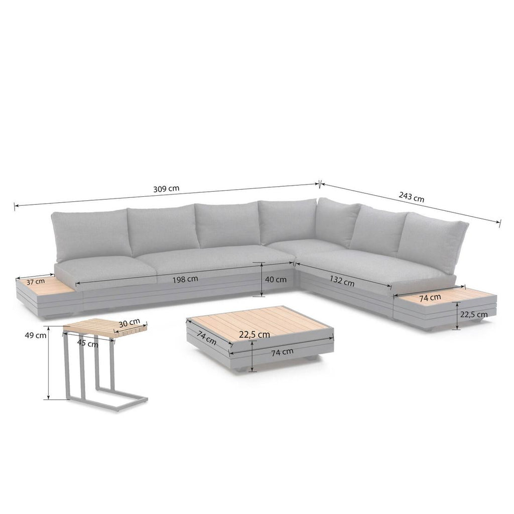 Detalj av aluminiumramme på hjørnesofa ute Cubo Neo med loungebord aluminium/teak - Zebra