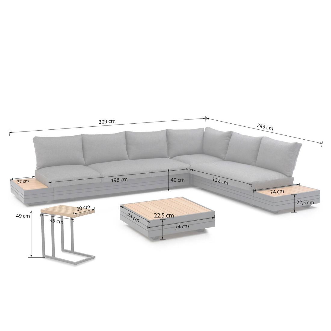 Detalj av aluminiumramme på hjørnesofa ute Cubo Neo med loungebord aluminium/teak - Zebra