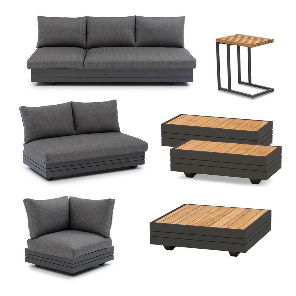 Montert hjørnesofa ute Cubo Neo med loungebord aluminium/teak - Zebra på terrasse