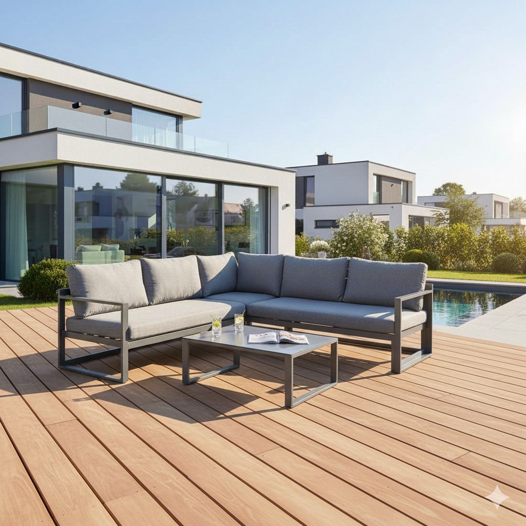Hjørnesofa ute Florenz med loungebord aluminium olefin - utsikt forfra