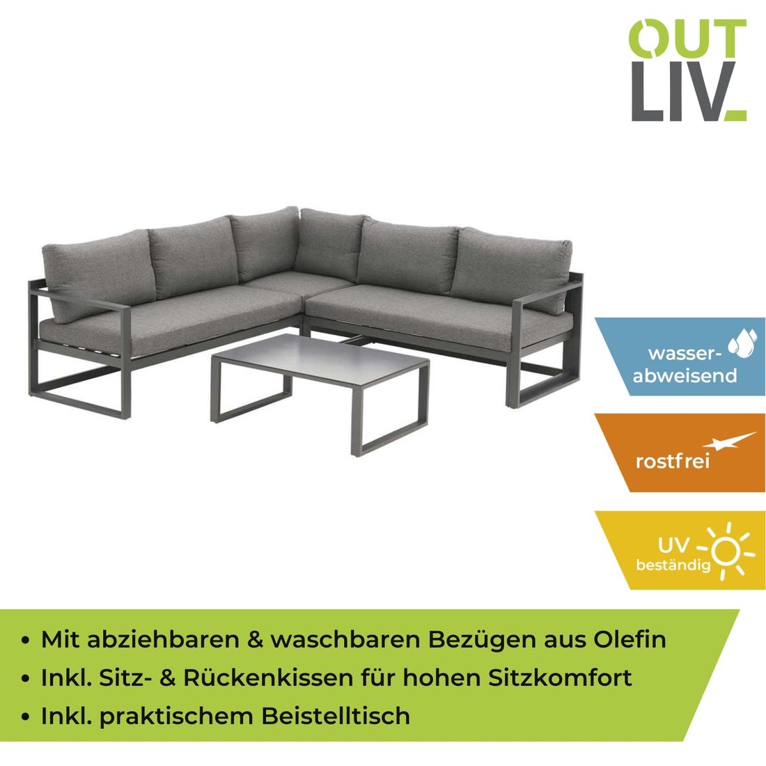 Hjørnesofa ute Florenz med loungebord aluminium olefin - mørk grå farge