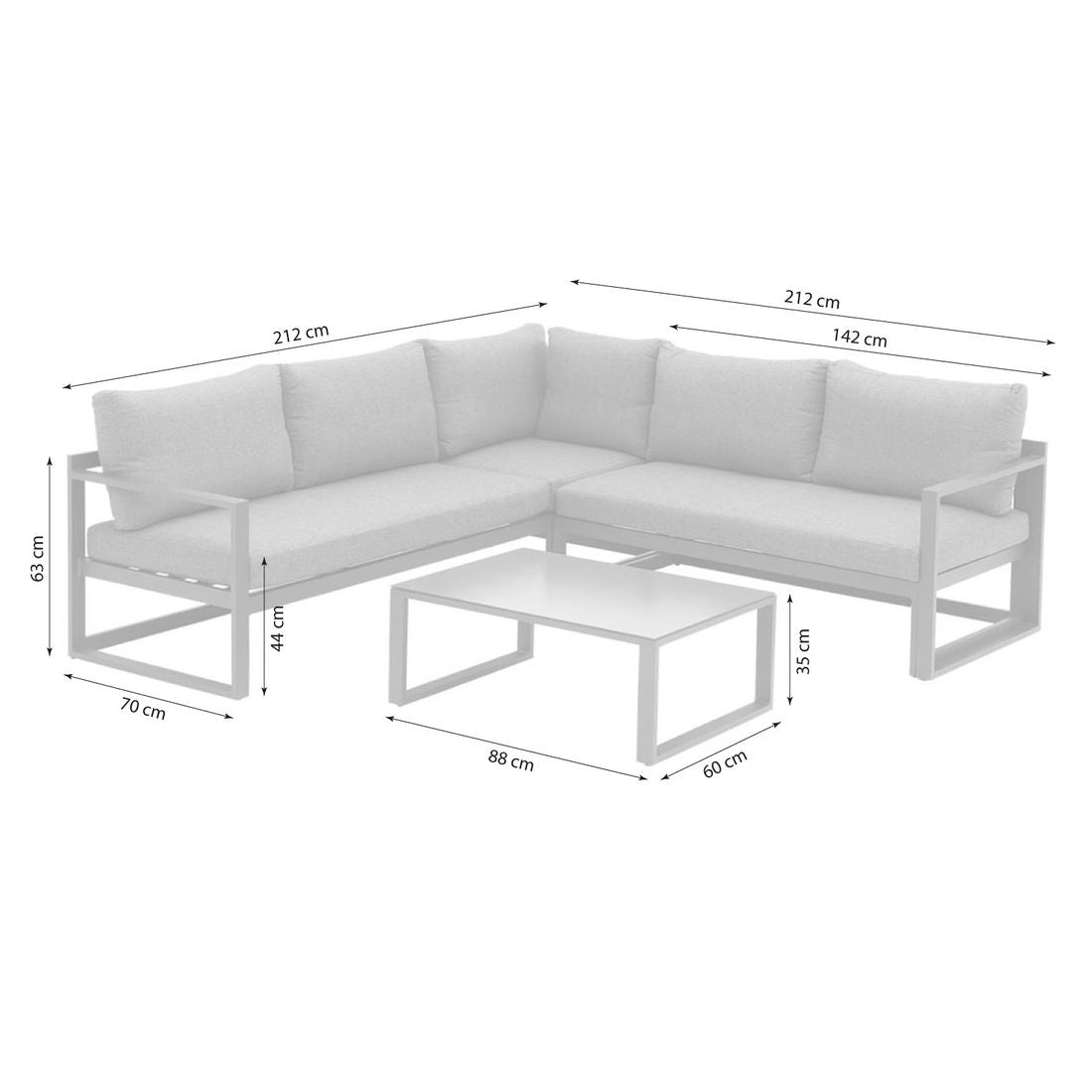 Hjørnesofa ute Florenz med loungebord aluminium olefin - detalj av stoff og pute