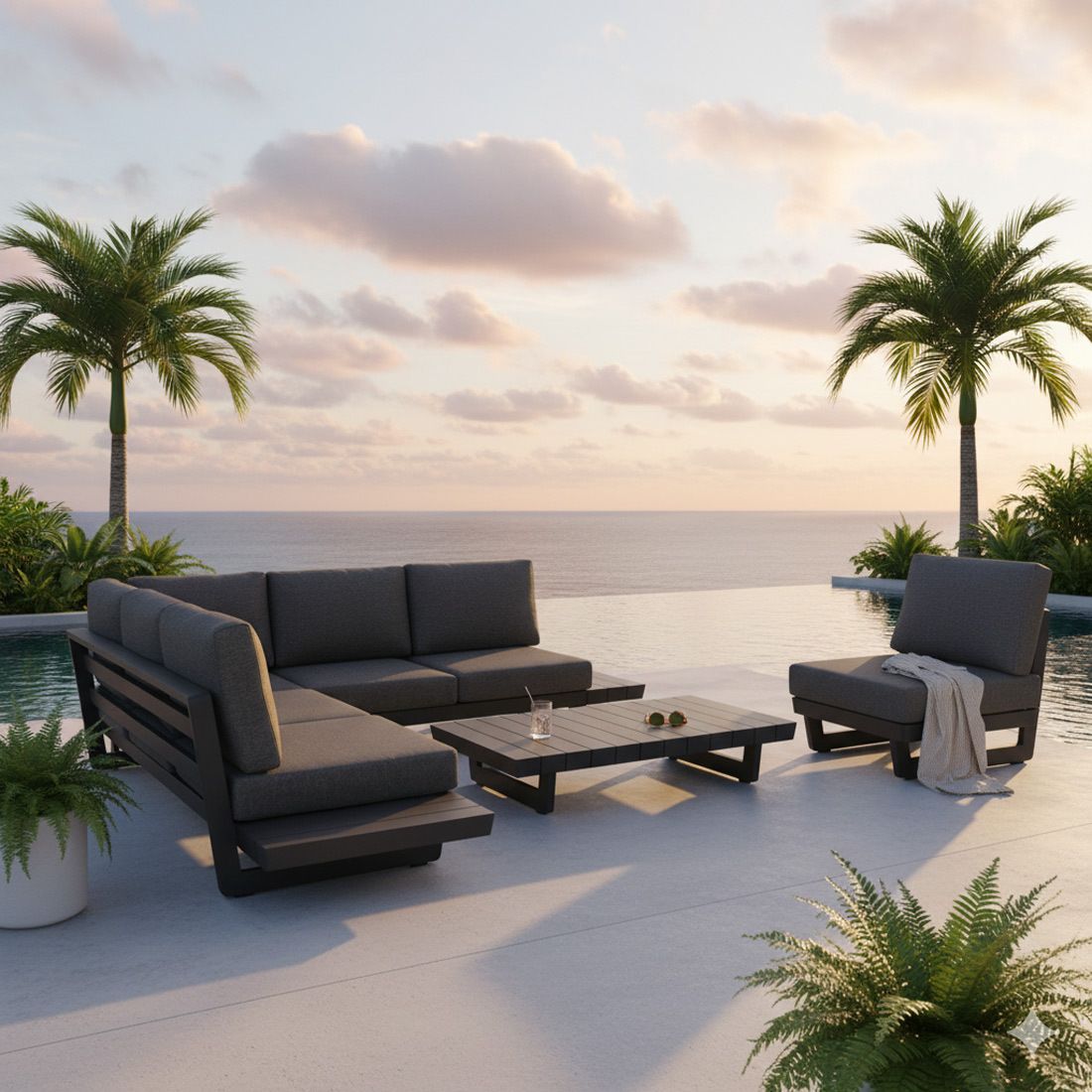 Hjørnesofa ute Lana med loungebord aluminium olefin forfra
