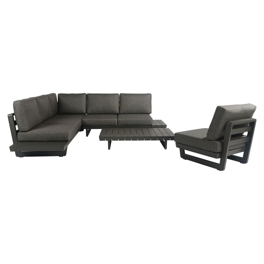 Detalj av stoff og ramme på Hjørnesofa ute Lana med loungebord aluminium olefin