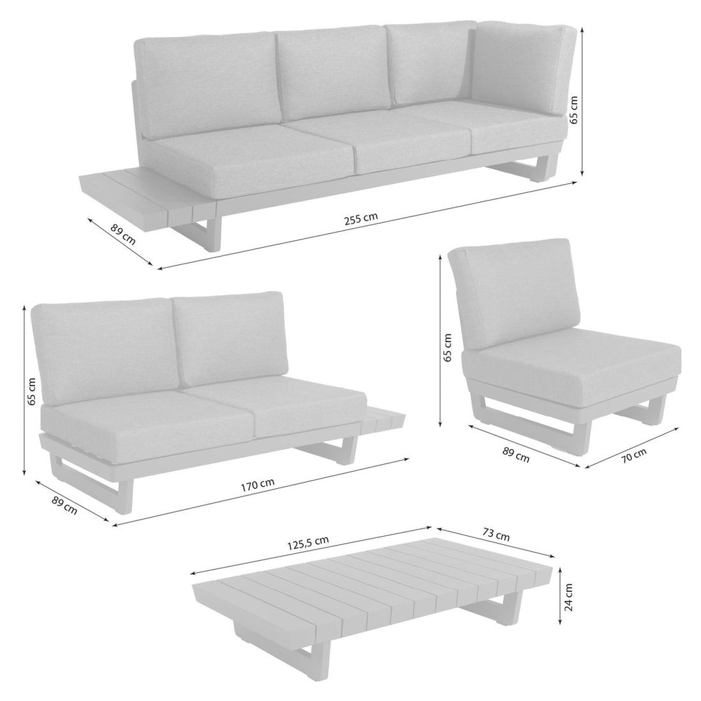 Montert Hjørnesofa ute Lana med loungebord aluminium olefin på terrasse