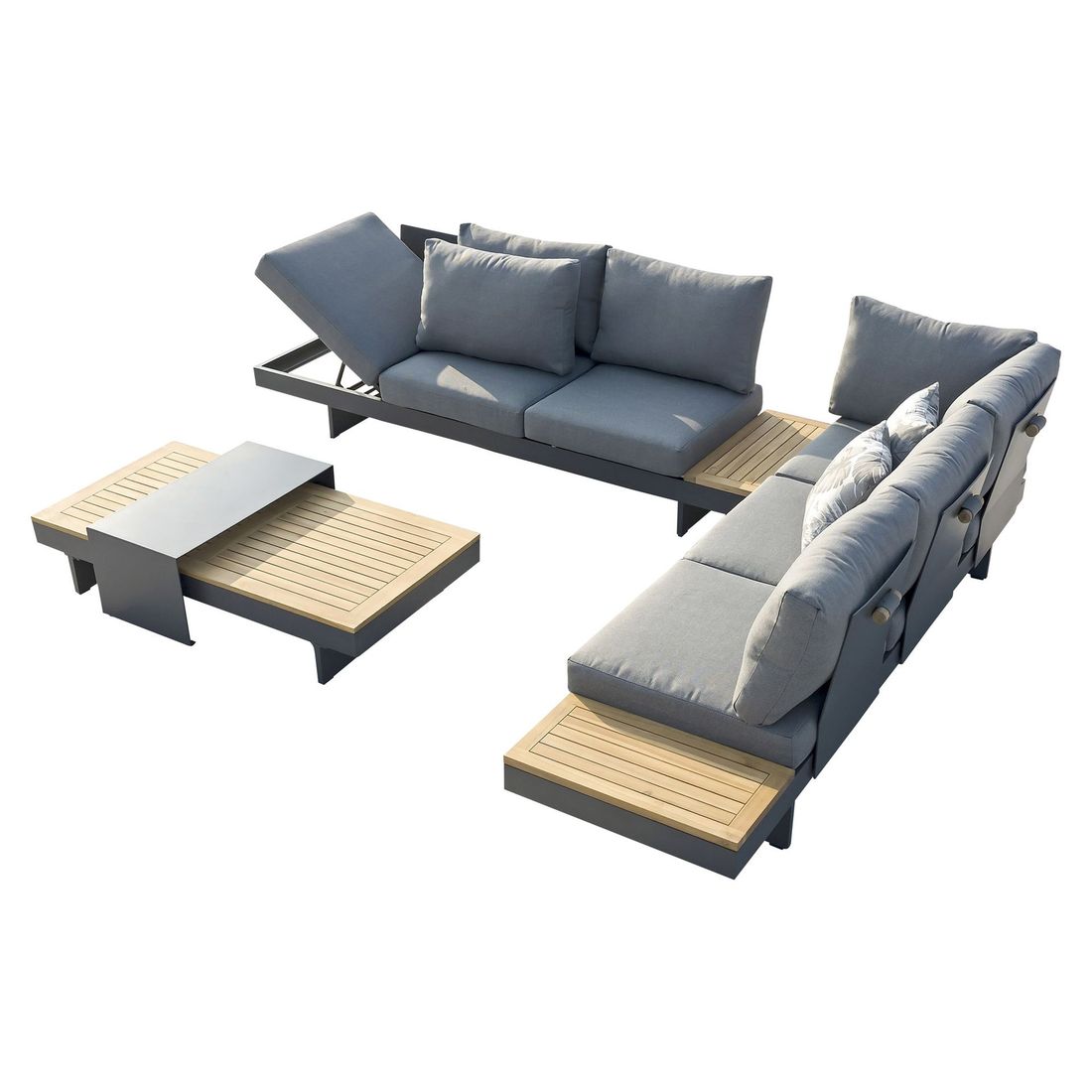 Hjørnesofa ute Luna med loungebord aluminium/akasie bakside