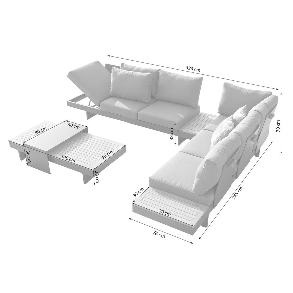 Hjørnesofa ute Luna med loungebord aluminium/akasie detalj av bordplate