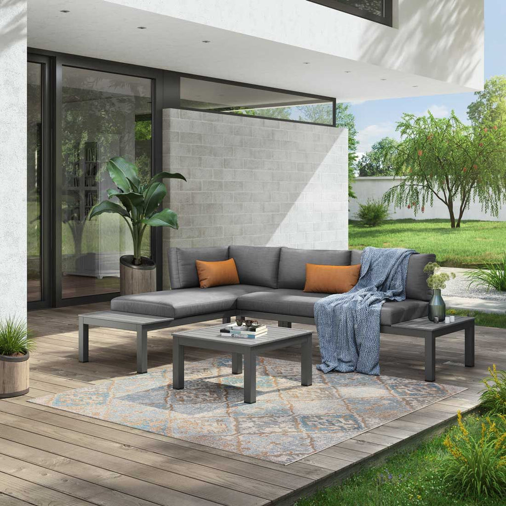 Hjørnesofa ute Morsum modulær med loungebord aluminium - OUTLIV forfra