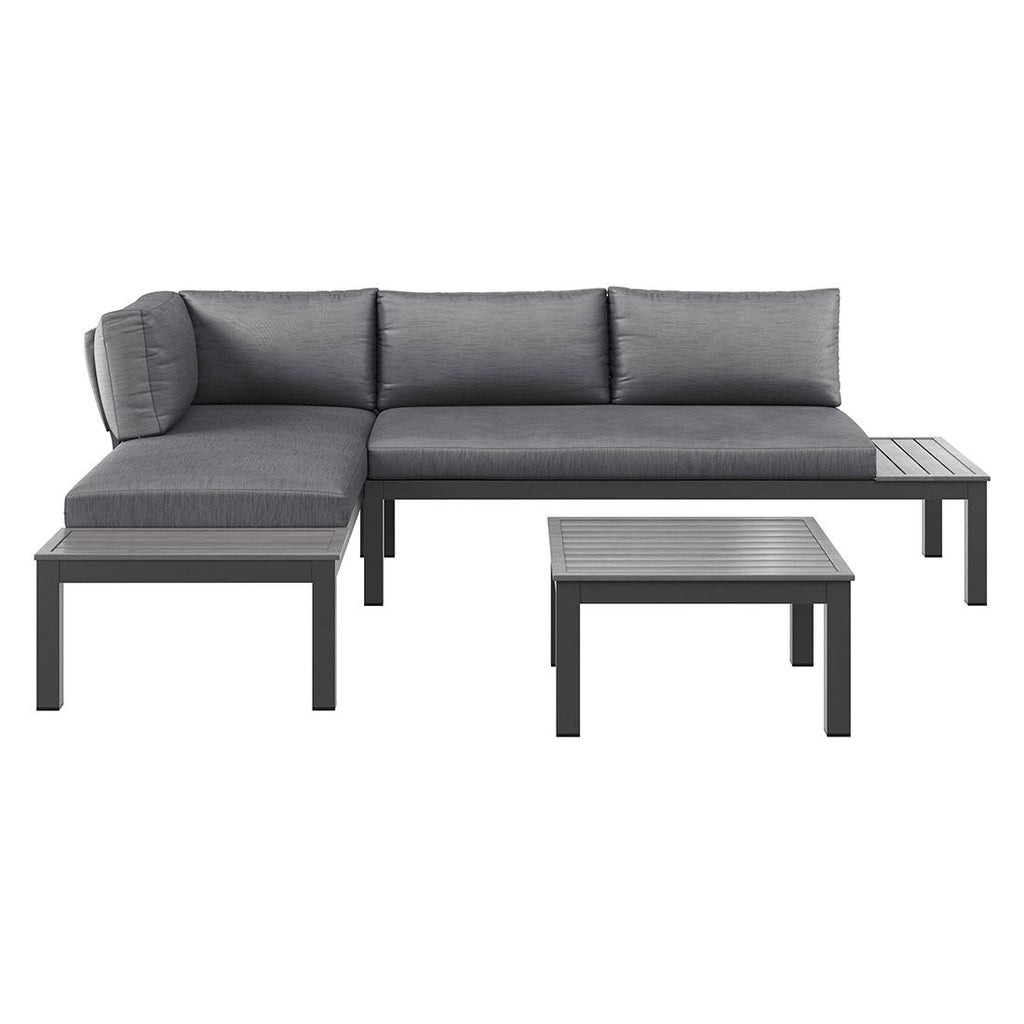 Montert Hjørnesofa ute Morsum modulær med loungebord aluminium - OUTLIV på terrasse