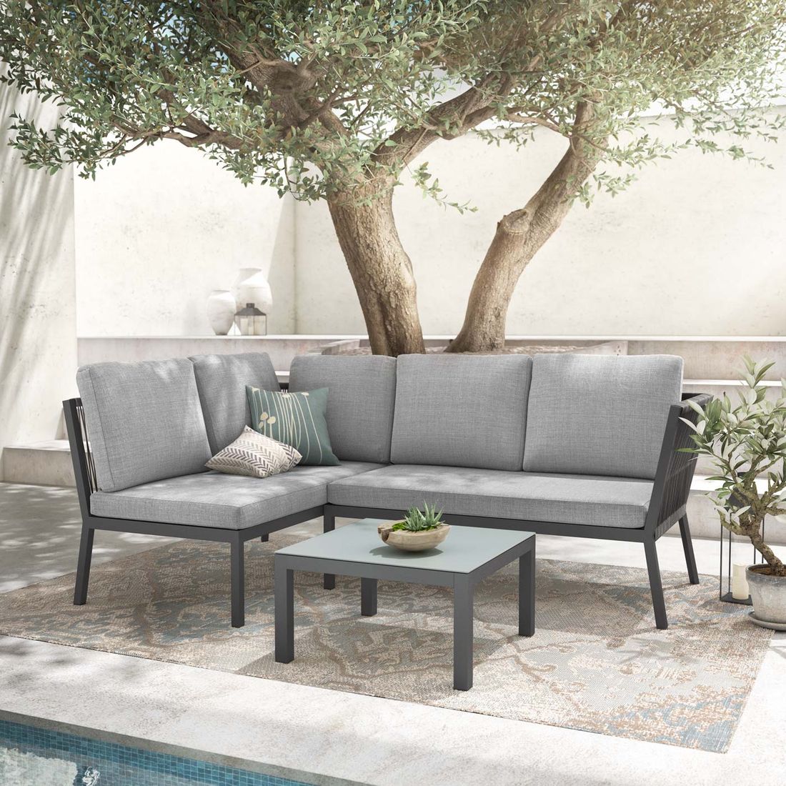 Hjørnesofa ute Alex med loungebord aluminium tau grå - utsikt forfra