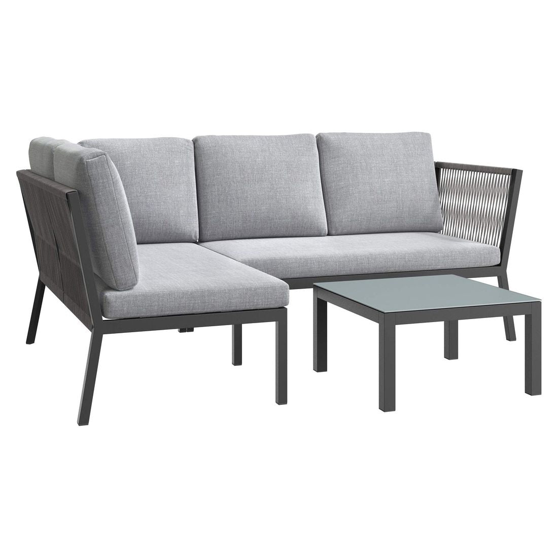 Hjørnesofa ute Alex med loungebord aluminium tau grå - oversikt bakside