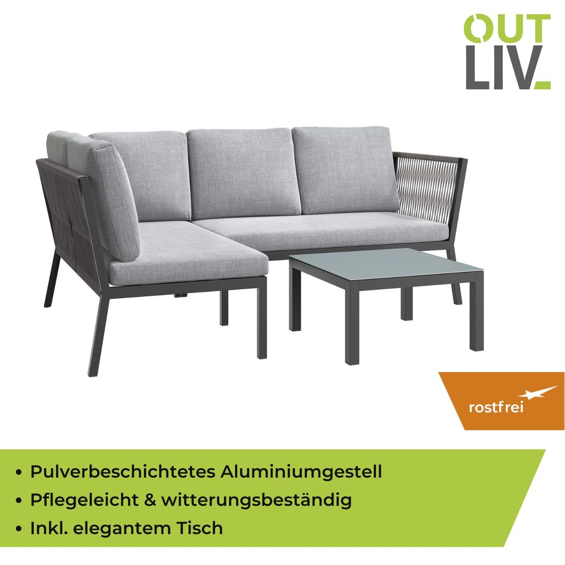 Hjørnesofa ute Alex med loungebord aluminium/tau grå - OUTLIV.
