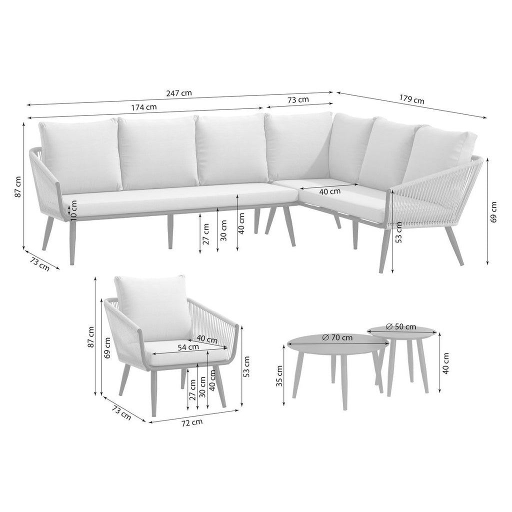 Hjørnesofa ute Alex aluminium tau olefin 247 cm bakside