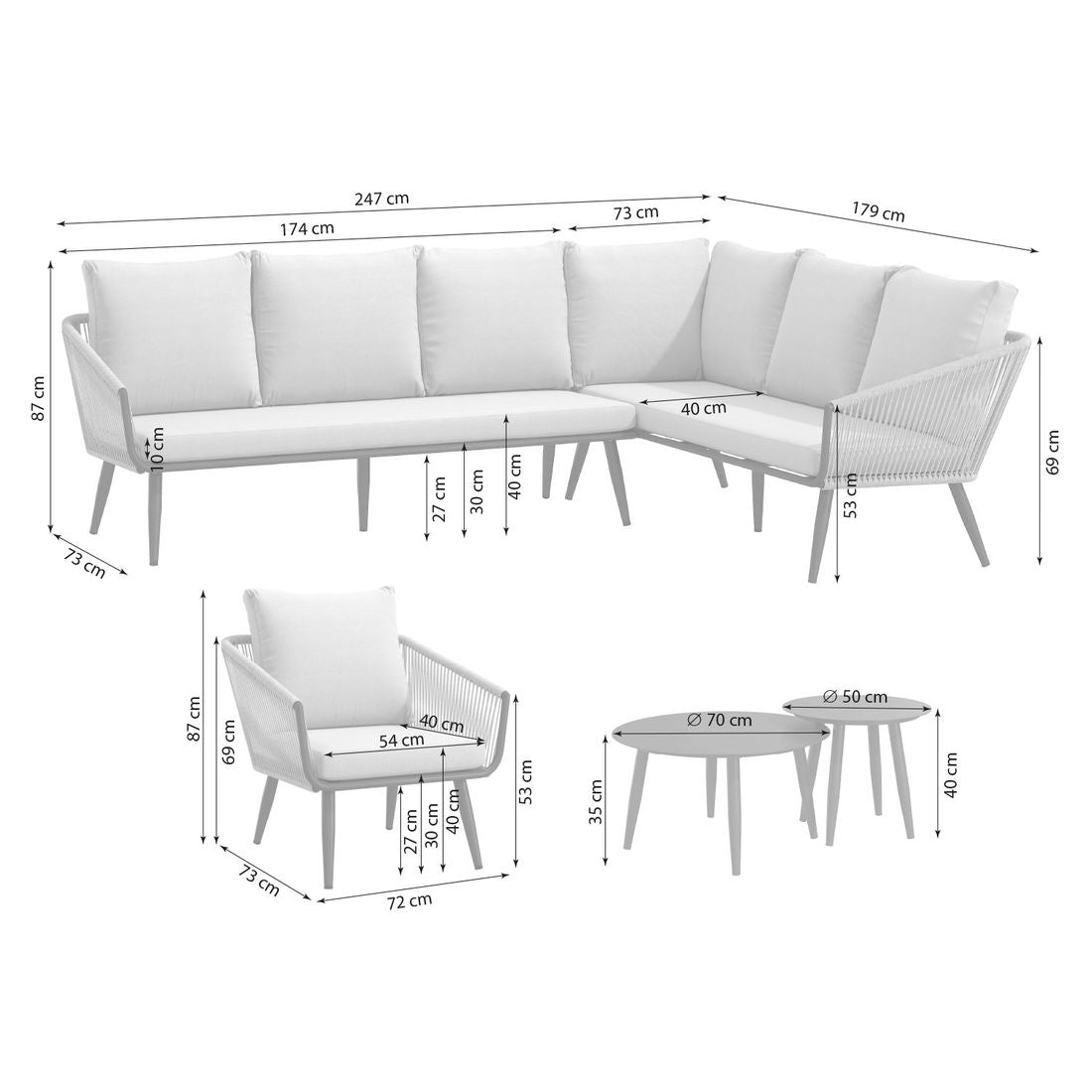 Hjørnesofa ute Alex aluminium tau olefin 247 cm bakside