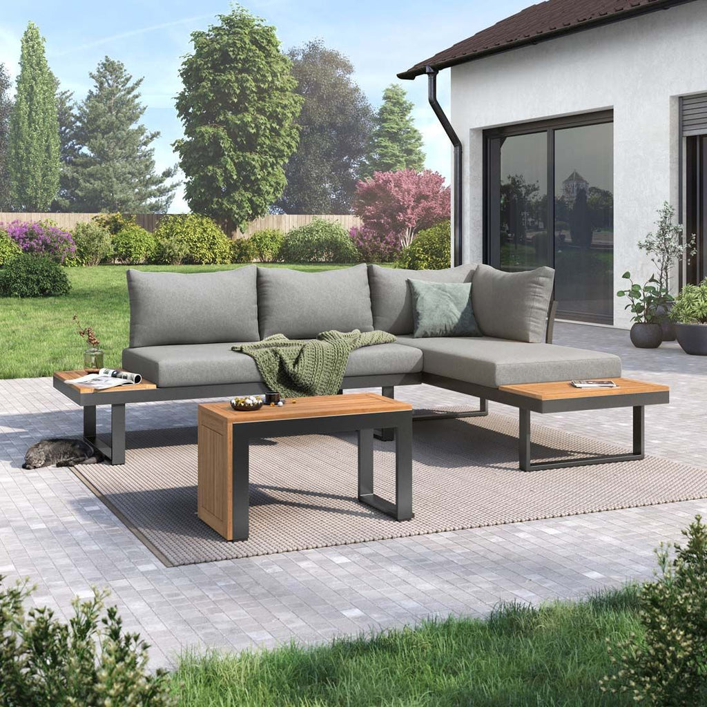 Hjørnesofa ute Alpha aluminium/akasie med loungebord - OUTLIV forfra