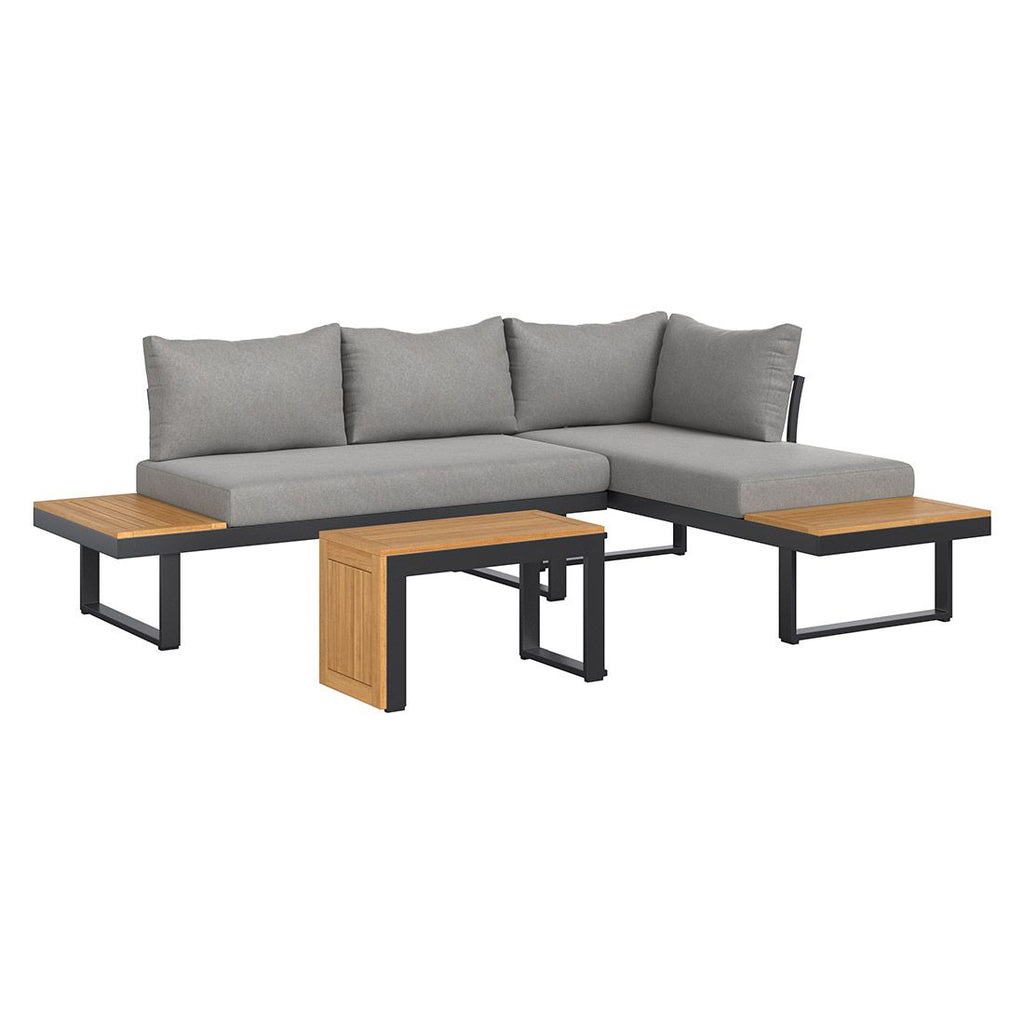 Hjørnesofa ute Alpha aluminium/akasie med loungebord - OUTLIV bakside