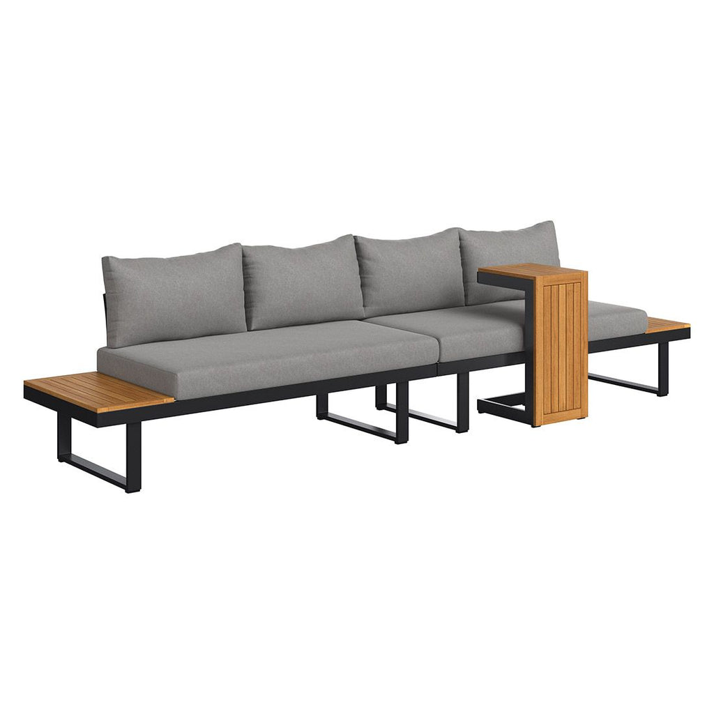 Detalj av bordplate i akasietre på Hjørnesofa ute Alpha aluminium/akasie med loungebord - OUTLIV