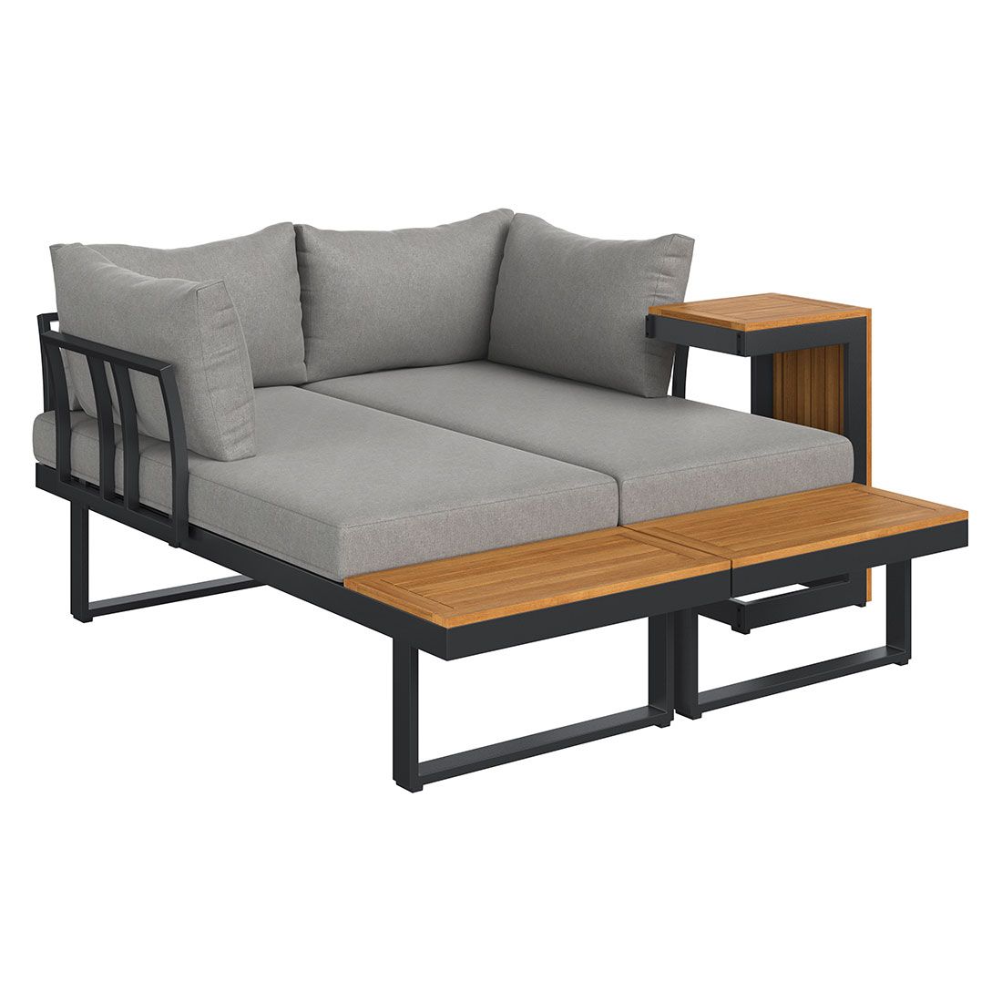 Montert Hjørnesofa ute Alpha aluminium/akasie med loungebord - OUTLIV på terrasse