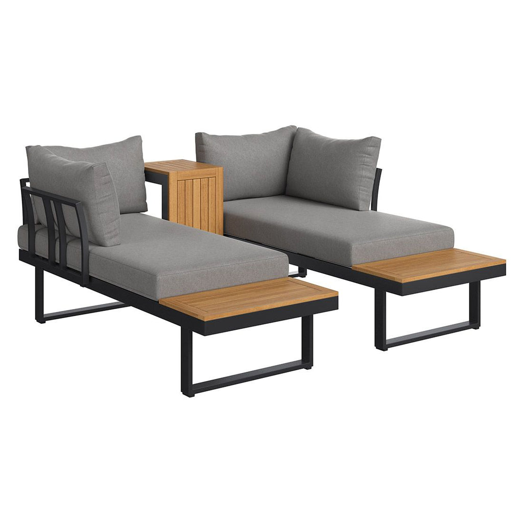 Nærbilde av kunstfiberputer på Hjørnesofa ute Alpha aluminium/akasie med loungebord - OUTLIV