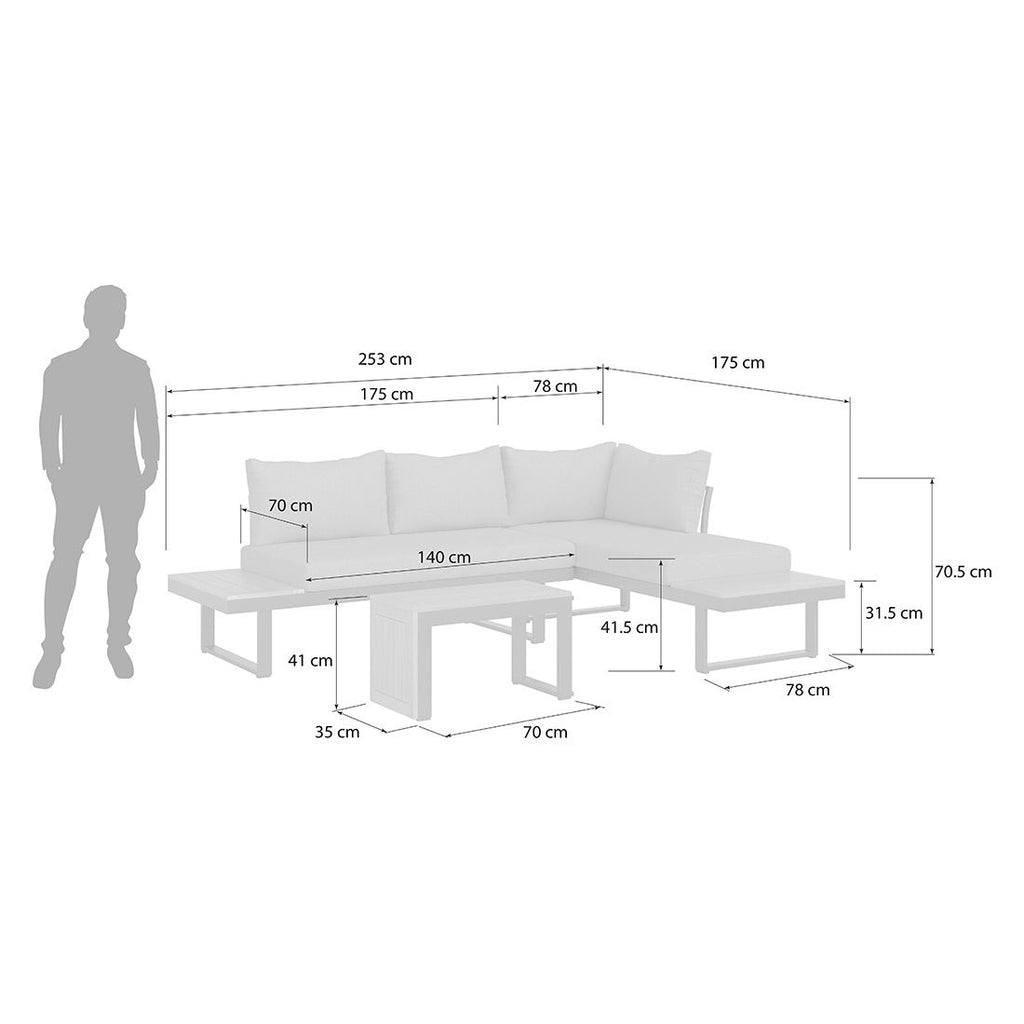 Hjørnesofa ute Alpha aluminium/akasie med loungebord - OUTLIV.