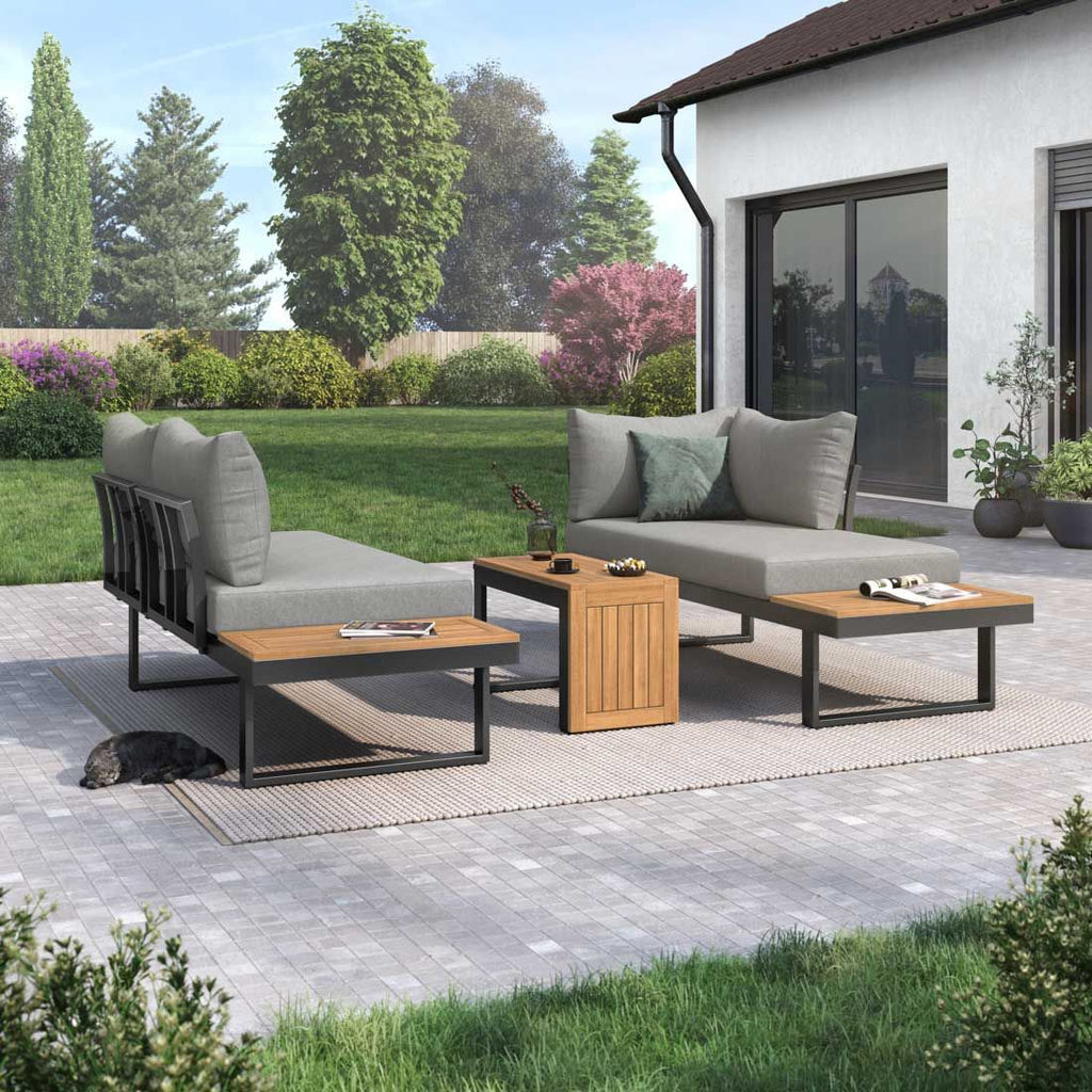 Hjørnesofa ute Alpha aluminium/akasie med loungebord - OUTLIV.