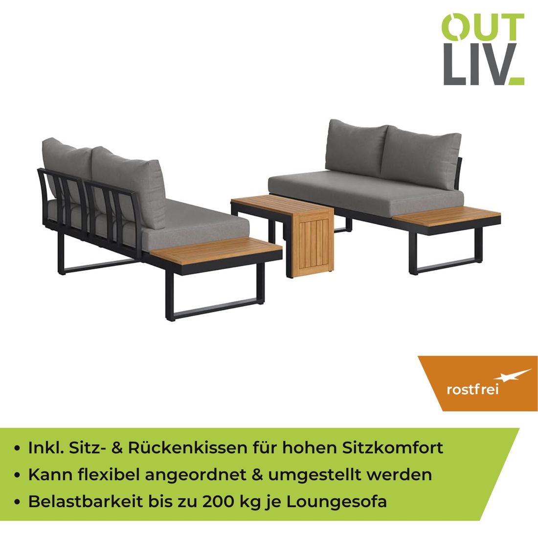 Hjørnesofa ute Alpha aluminium/akasie med loungebord - OUTLIV.