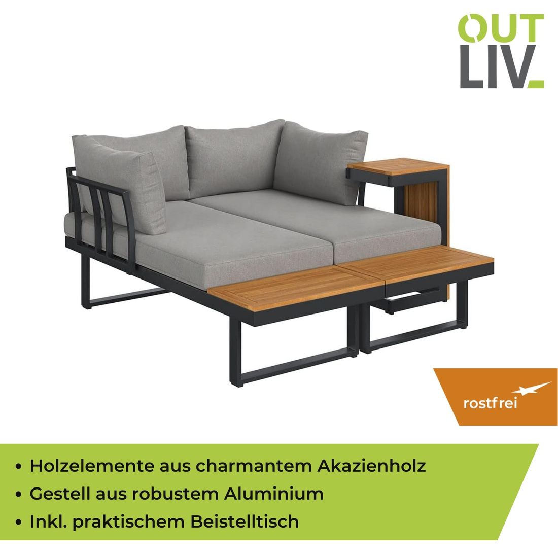 Hjørnesofa ute Alpha aluminium/akasie med loungebord - OUTLIV.