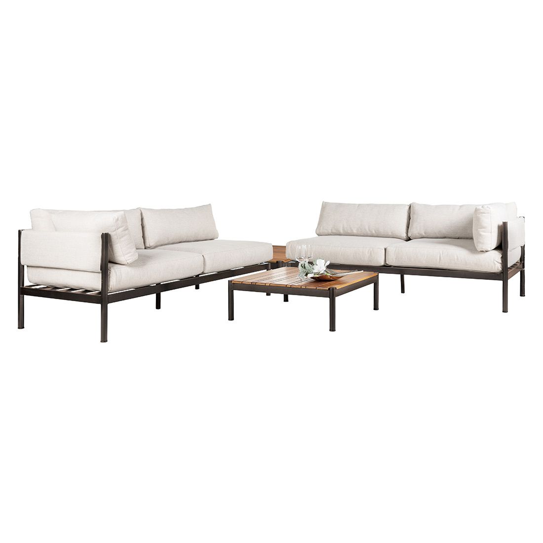 Hjørnesofa ute med loungebord aluminium teak OUTLIV bakside