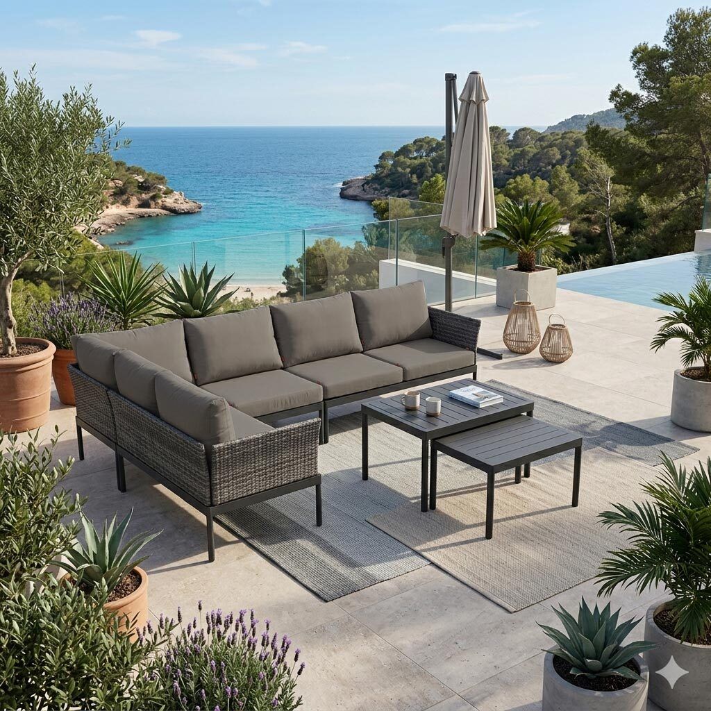 Hjørnesofa ute Aurelio aluminium/polyrotting med loungebord forfra
