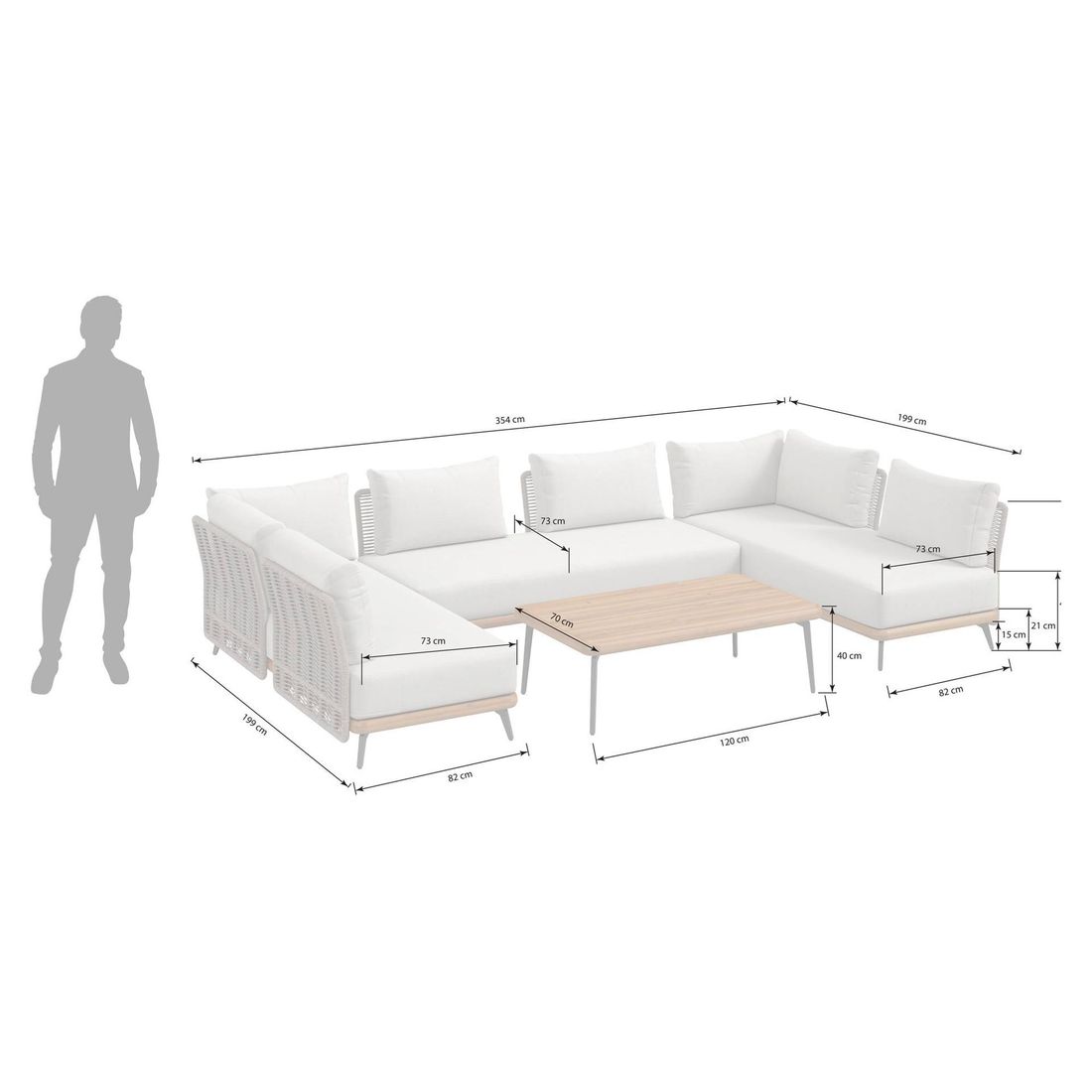 Hjørnesofa ute Ava akasie tau med loungebord nærbilde av tekstilpute