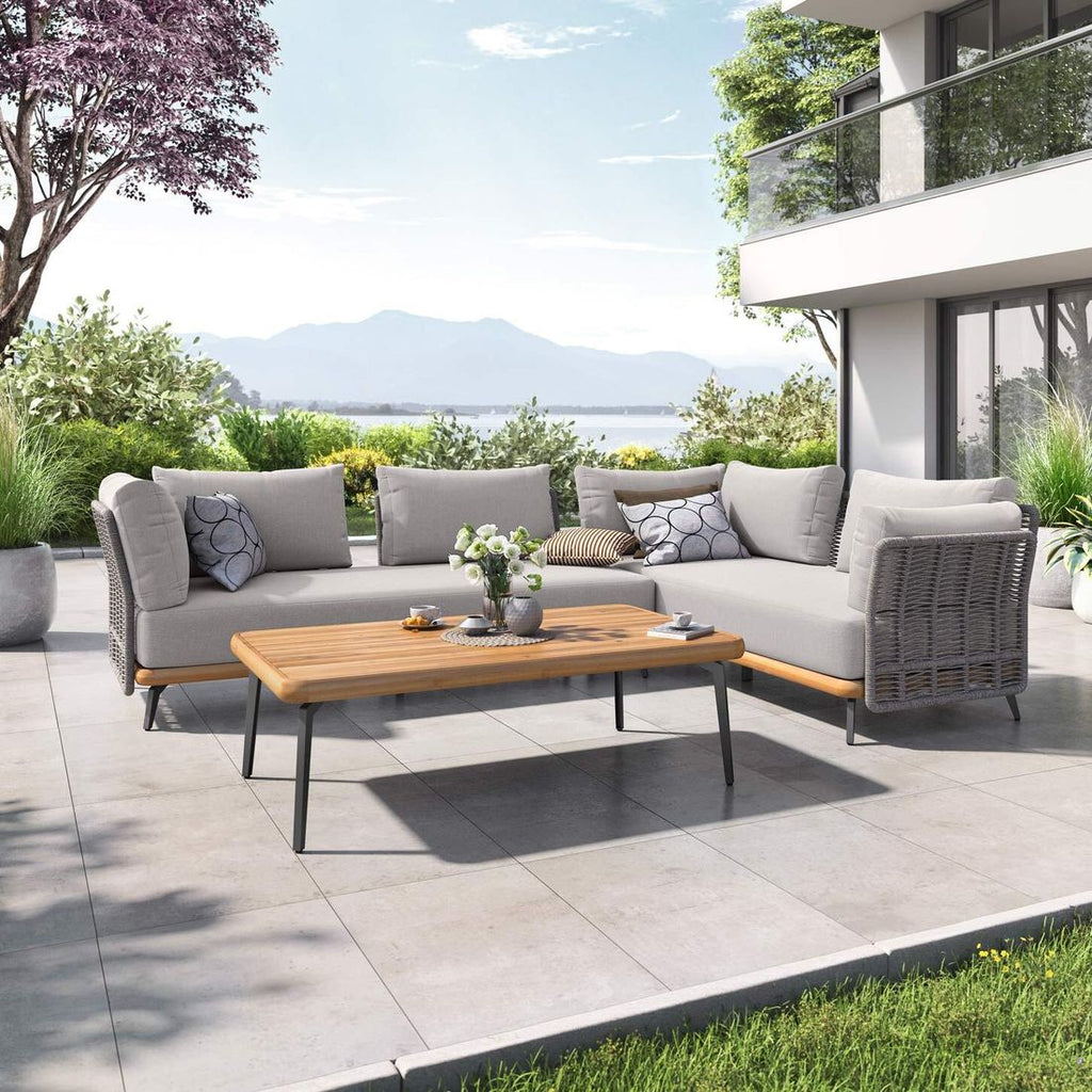 Hjørnesofa ute Ava med loungebord akasie/tau forfra