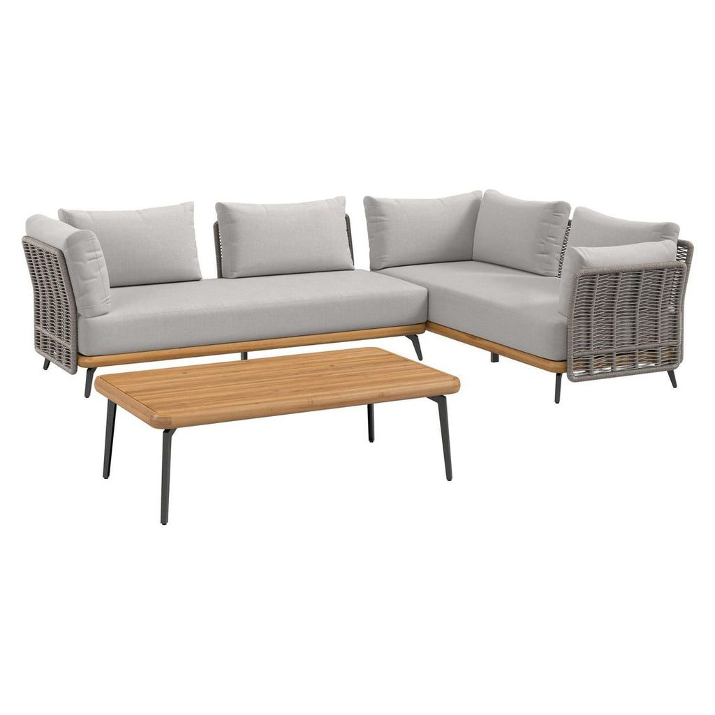 Hjørnesofa ute Ava med loungebord akasie/tau sett bakfra