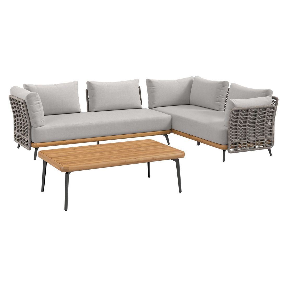 Hjørnesofa ute Ava med loungebord akasie/tau sett bakfra