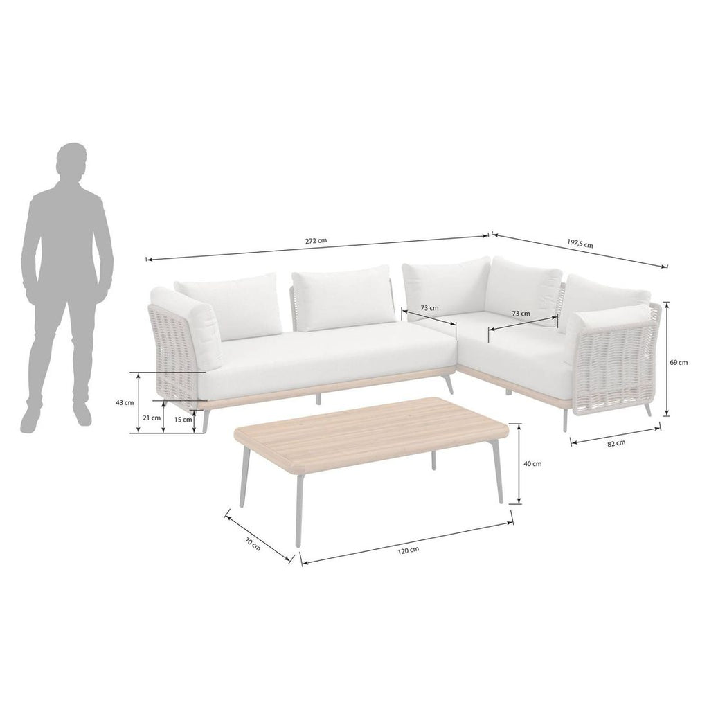 Detalj av bordplate i akasie på Hjørnesofa ute Ava med loungebord akasie/tau