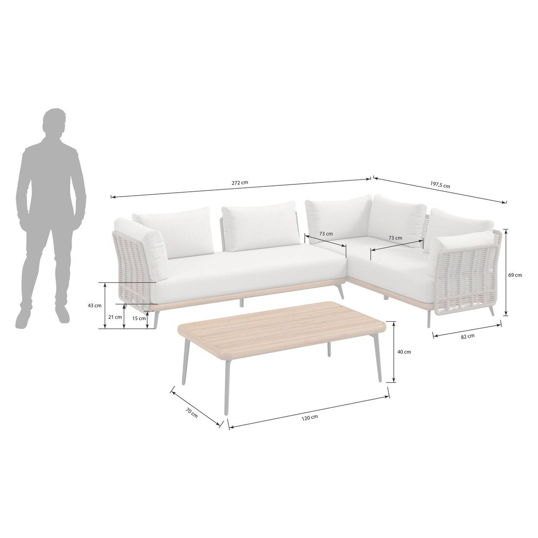 Detalj av bordplate i akasie på Hjørnesofa ute Ava med loungebord akasie/tau