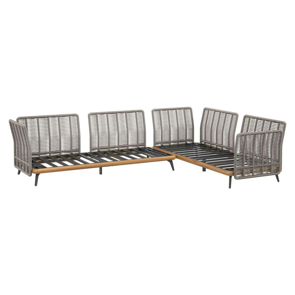 Nærbilde av tekstil trekk på Hjørnesofa ute Ava med loungebord akasie/tau