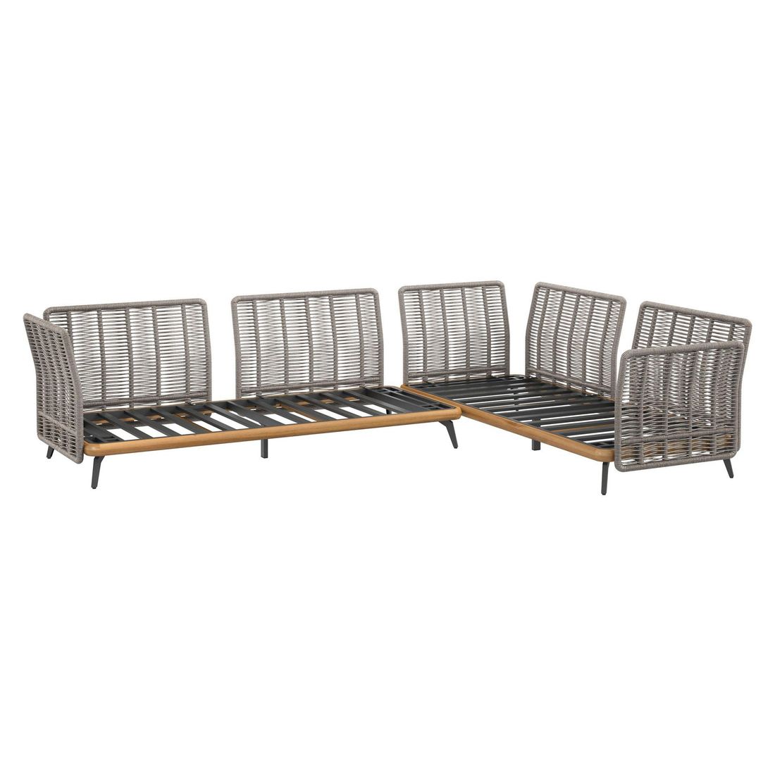 Nærbilde av tekstil trekk på Hjørnesofa ute Ava med loungebord akasie/tau
