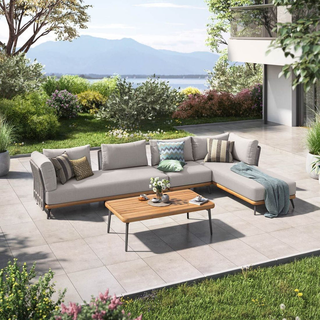 Hjørnesofa ute Ava med loungebord akasie/tau forfra