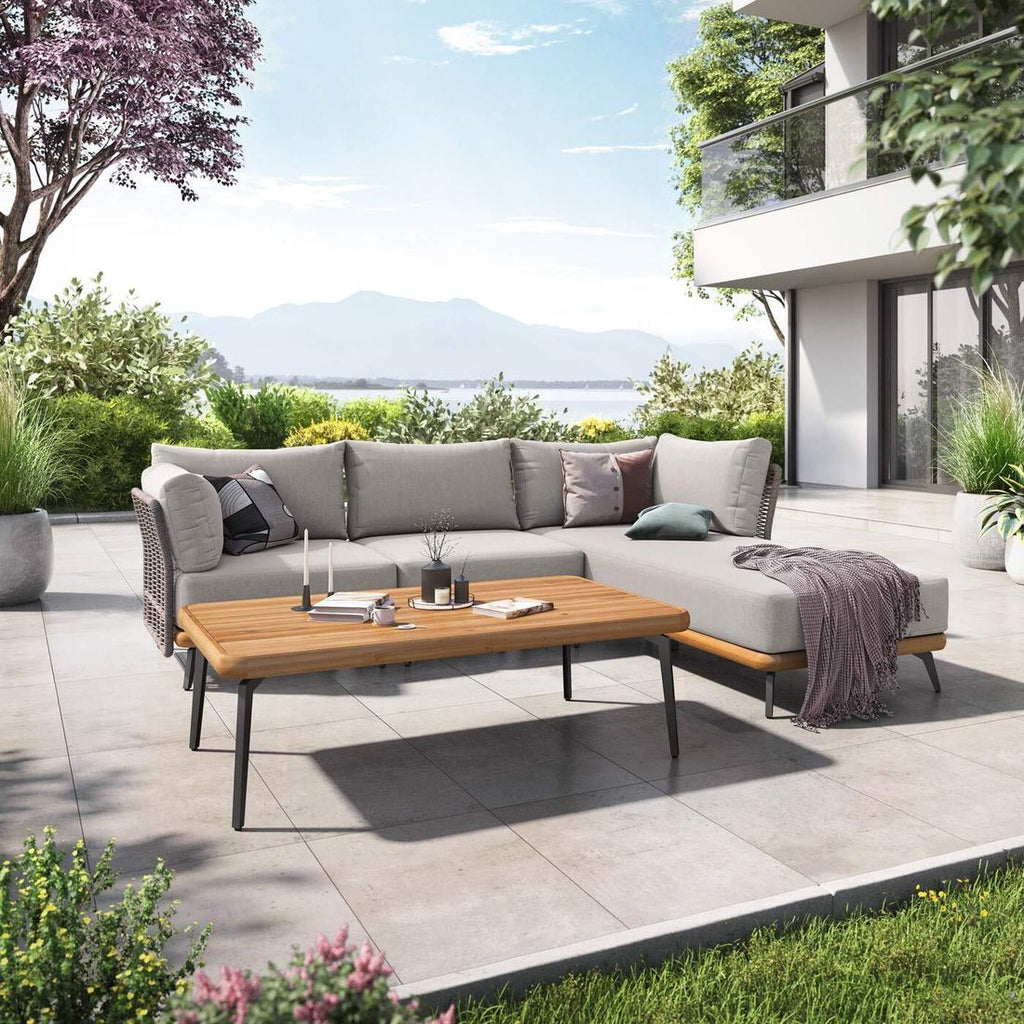 Hjørnesofa ute Ava med loungebord akasie tau forfra