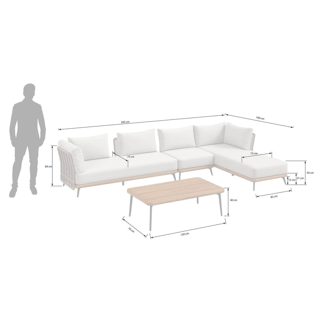Detalj av bordplate i akasietre på Hjørnesofa ute Ava