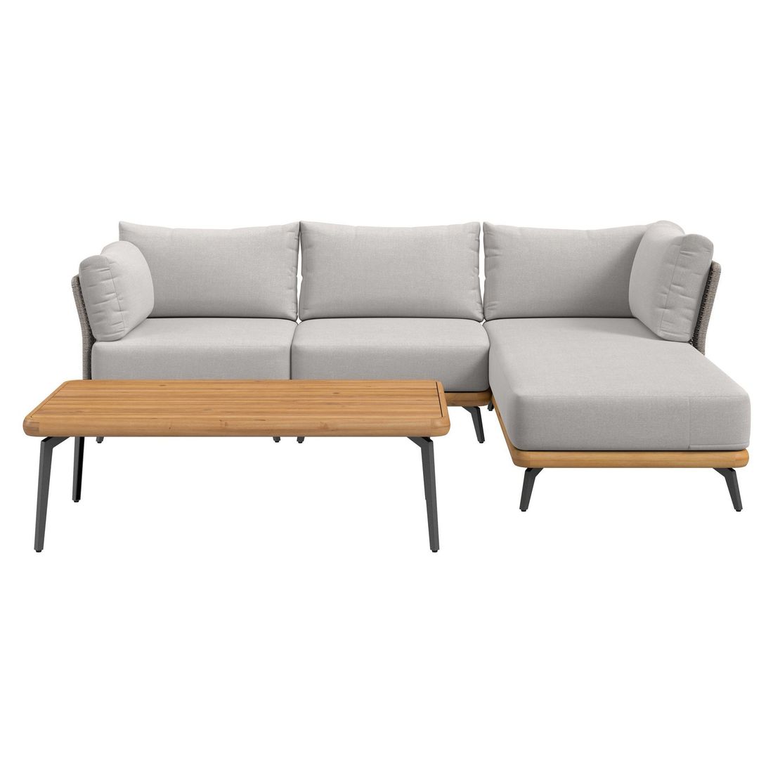 Nærbilde av kunstfibre og tau på Hjørnesofa ute Ava med loungebord akasie tau