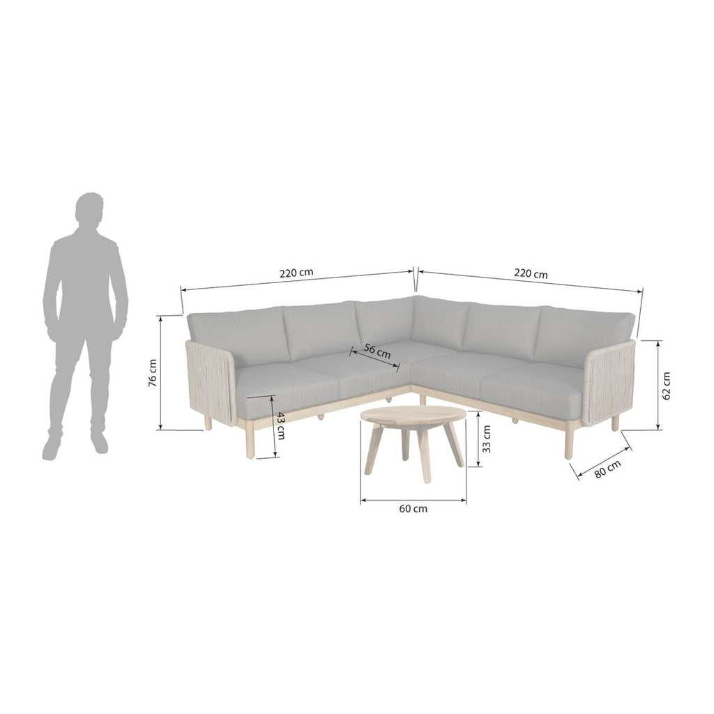 Detalj av akasietre ramme på Hjørnesofa ute Avalon akasie tau olefin med loungebord