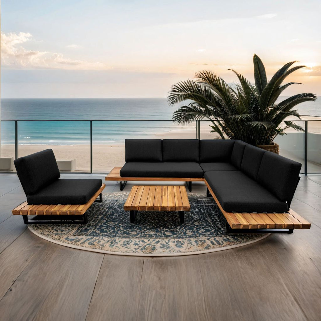 Hjørnesofa ute Bahamas med loungebord aluminium/akasie - OUTLIV forfra