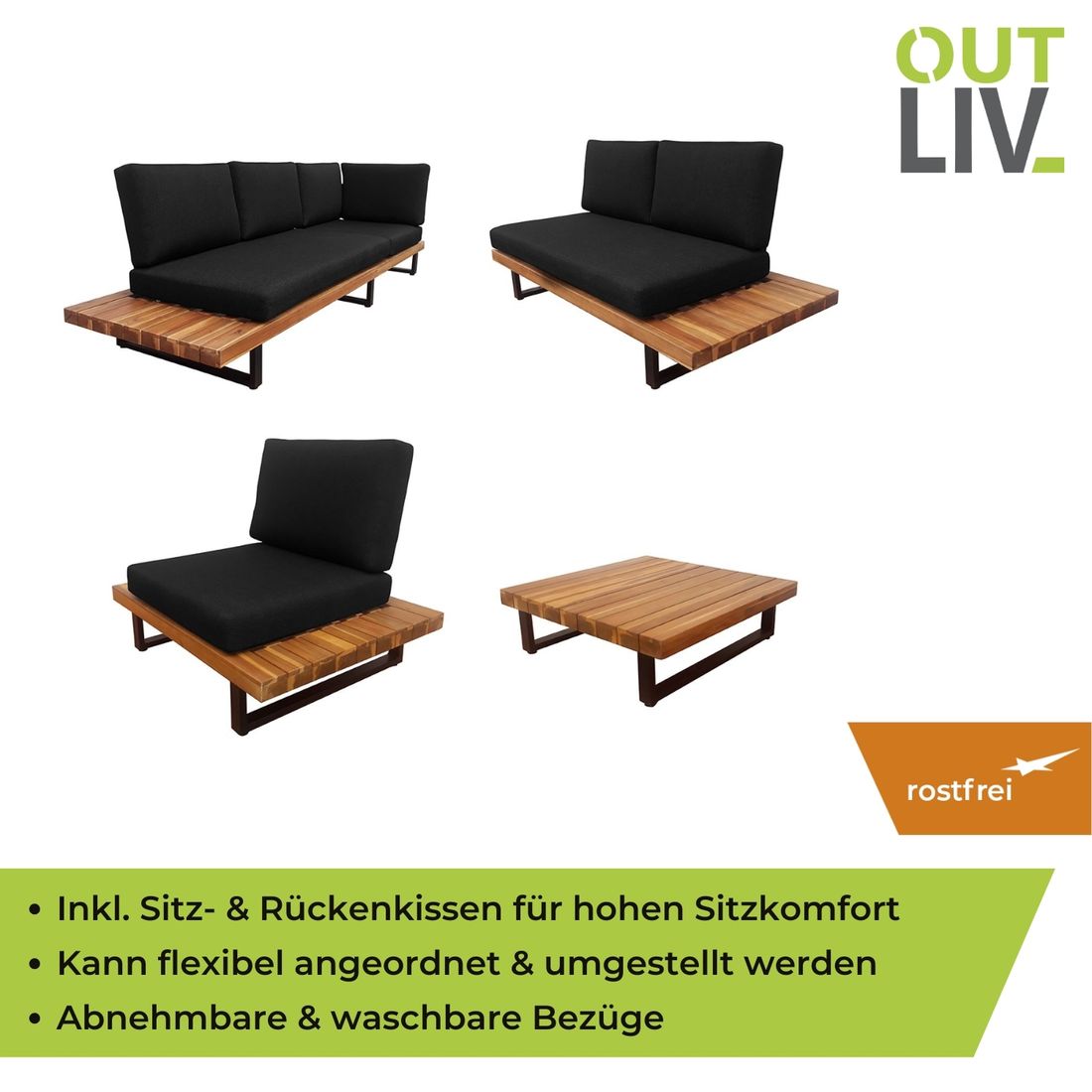 Hjørnesofa ute Bahamas med loungebord aluminium/akasie - OUTLIV.