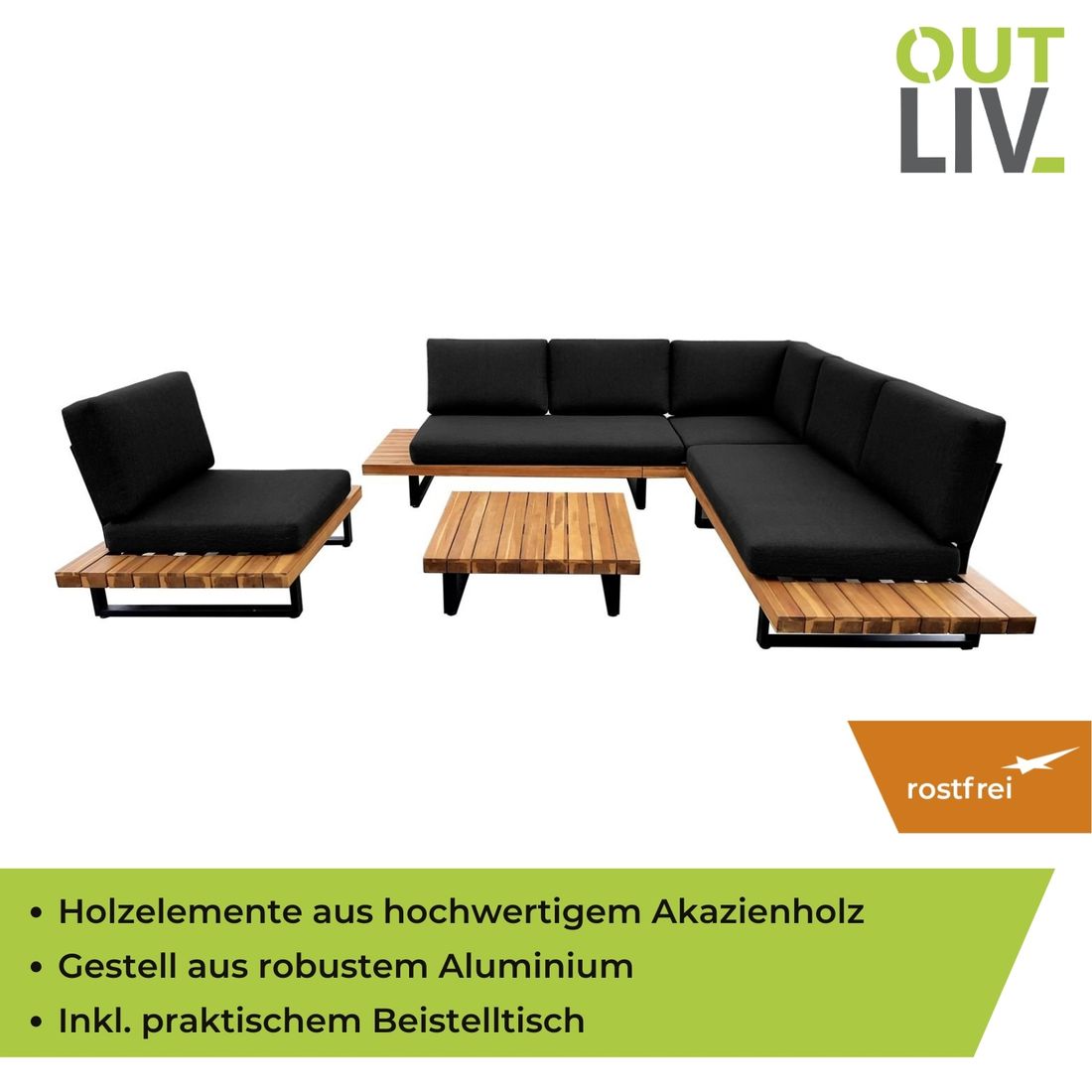 Hjørnesofa ute Bahamas med loungebord aluminium/akasie - OUTLIV.