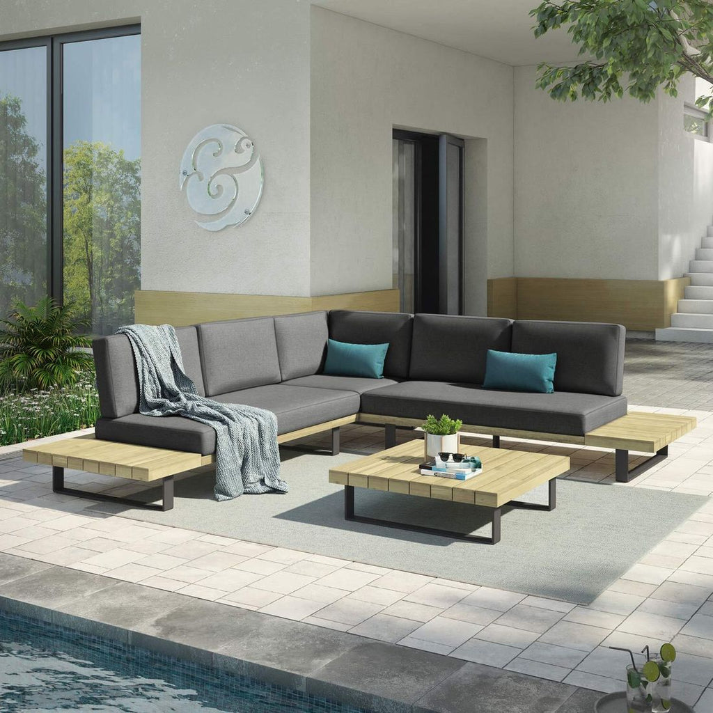 Hjørnesofa ute Barbados med loungebord aluminium/akasie forfra