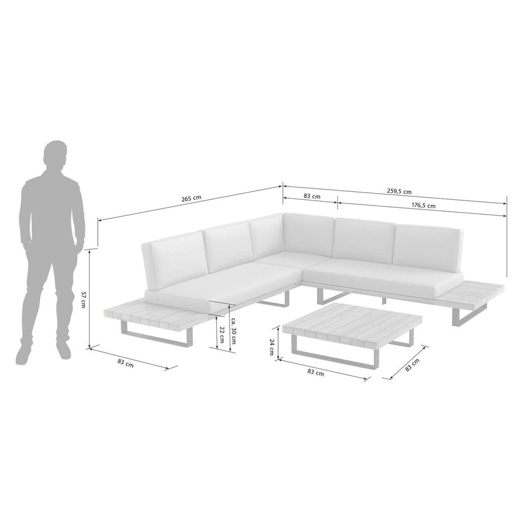 Detalj av bordplate i akasietre på Hjørnesofa ute Barbados med loungebord aluminium/akasie