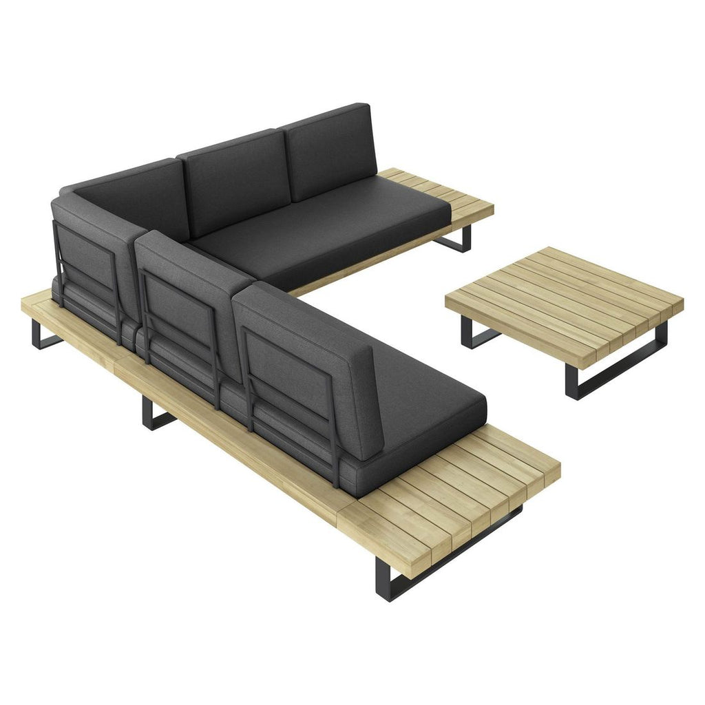 Montert hjørnesofa ute Barbados med loungebord aluminium/akasie på terrasse
