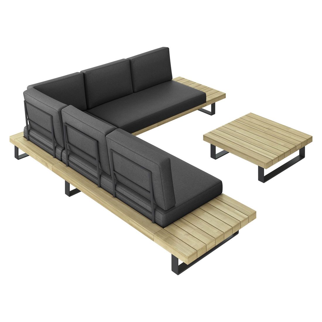 Montert hjørnesofa ute Barbados med loungebord aluminium/akasie på terrasse