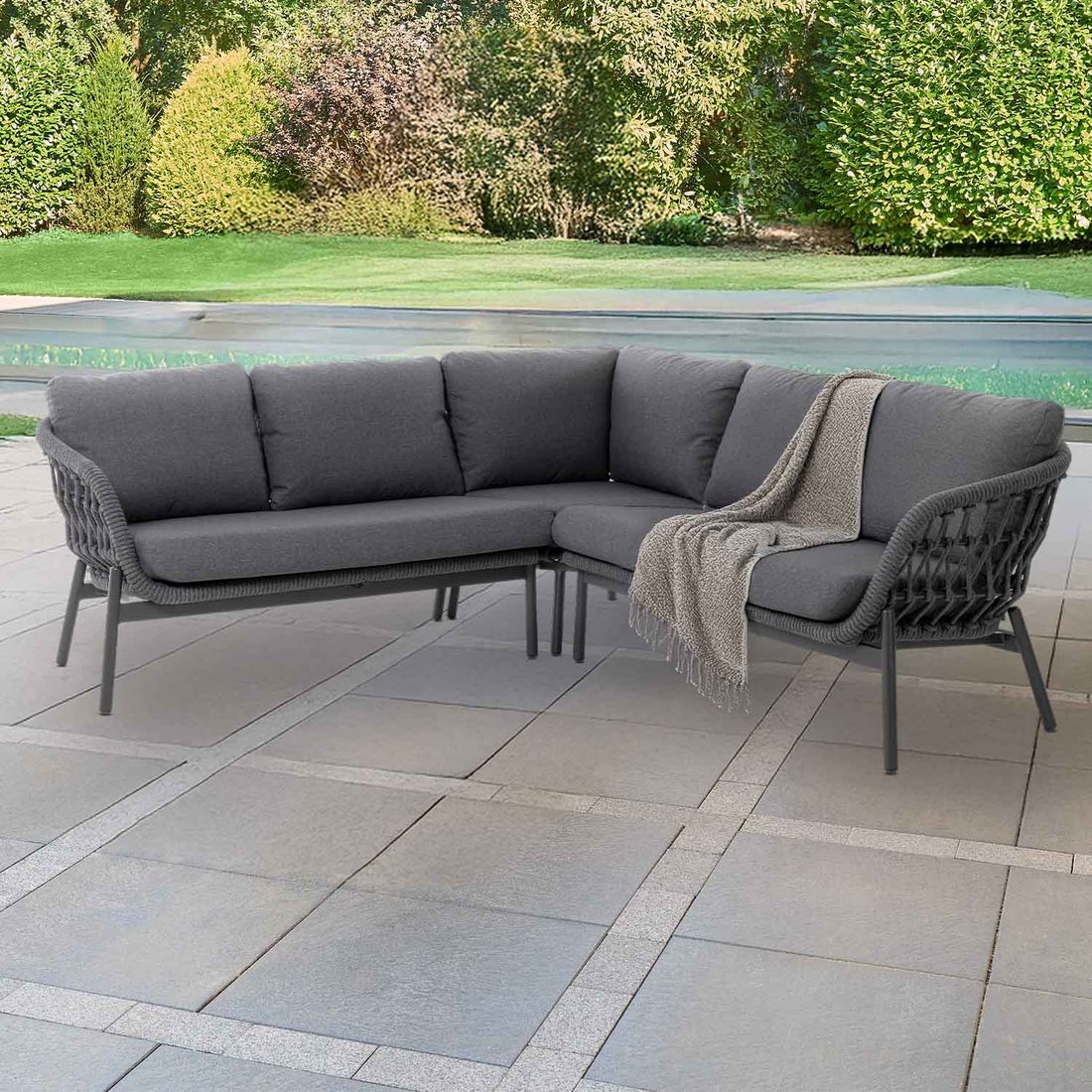 Hjørnesofa ute Bari aluminium/tau/olefin 230x230 cm forfra